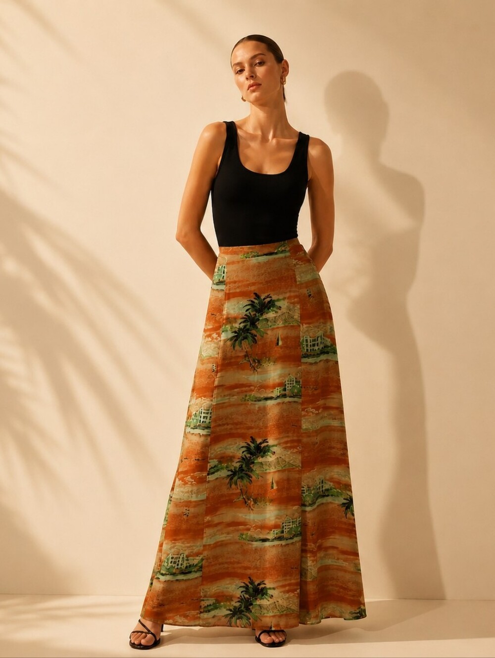 Vintage 90s Y2K Citron Brown Maxi Skirt Green Hawaiian Size S Tropical Resort